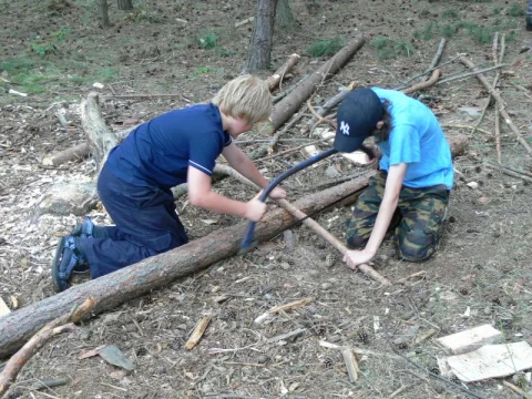 Cyrila a Patrik řežou dříví